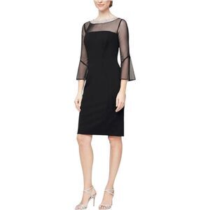 Alex Evenings dress Short Sheath Crepe Cocktail Beaded Illusion bell sleeves 14p